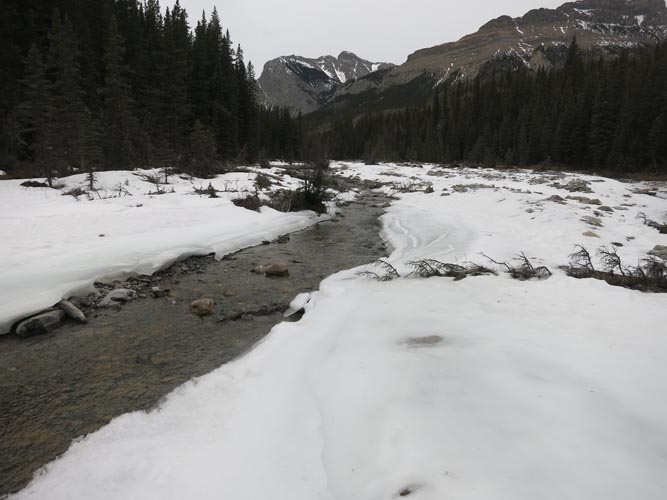 Old Fort Creek still has snow and ice in places, but travel is easy. 